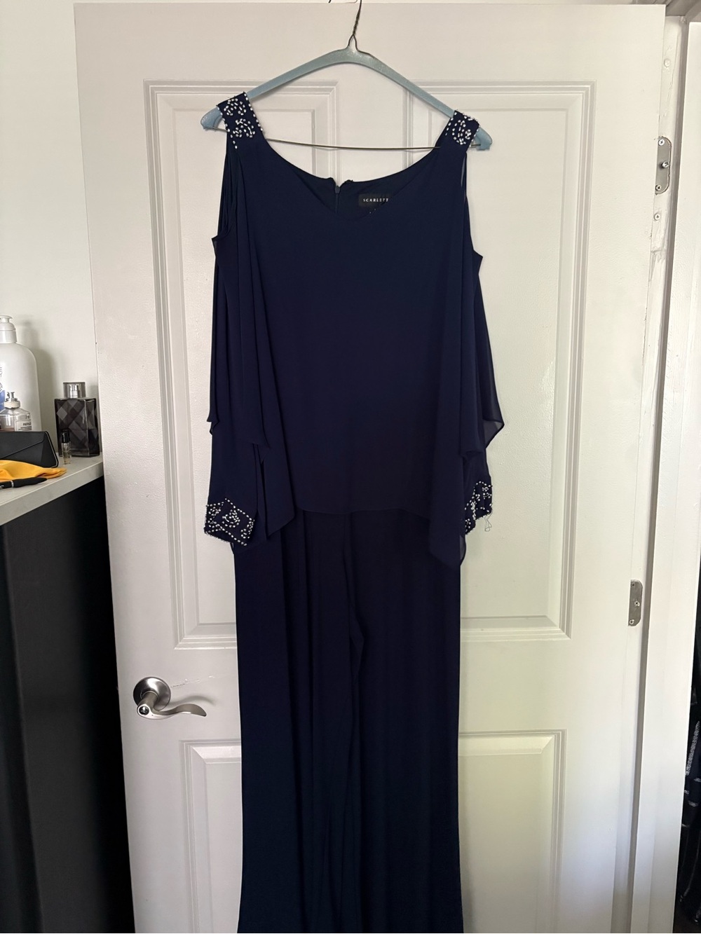 Navy Blue Beaded Evening Jumpsuit
